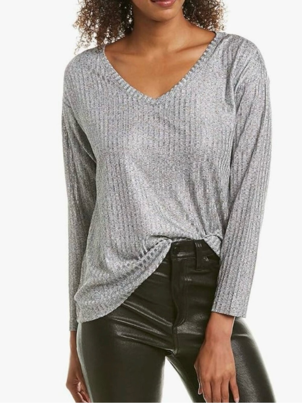 NWT BB Dakota Metallic V-Neck Ribbed Long Sleeve Top Silver Grey